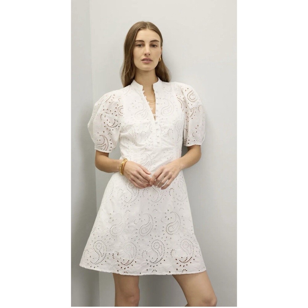 Club Monaco Eyelet Balloon Sleeve Mini Dress  White Size 10 - Picture 2 of 10